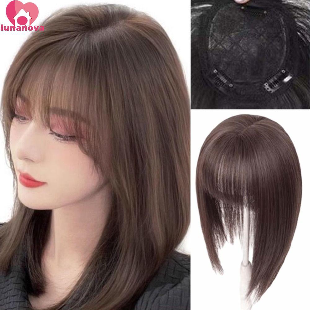 ลูกnanoa Toupee Hairpiece พร้อมหน้าม้า ทรงผมยาวตรง คลิปอิน topper ผมสังเคราะห์ธรรมชาติ เพิ่มทรงผม ปกปิดผมบาง