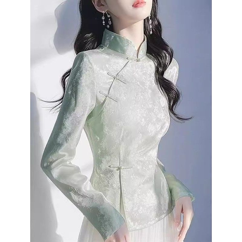 เสื้อแขนยาวสีฟ้า ใหม่สไตล์จีนระดับไฮเอนด์ สำหรับฤดูใบไม้ผลิ