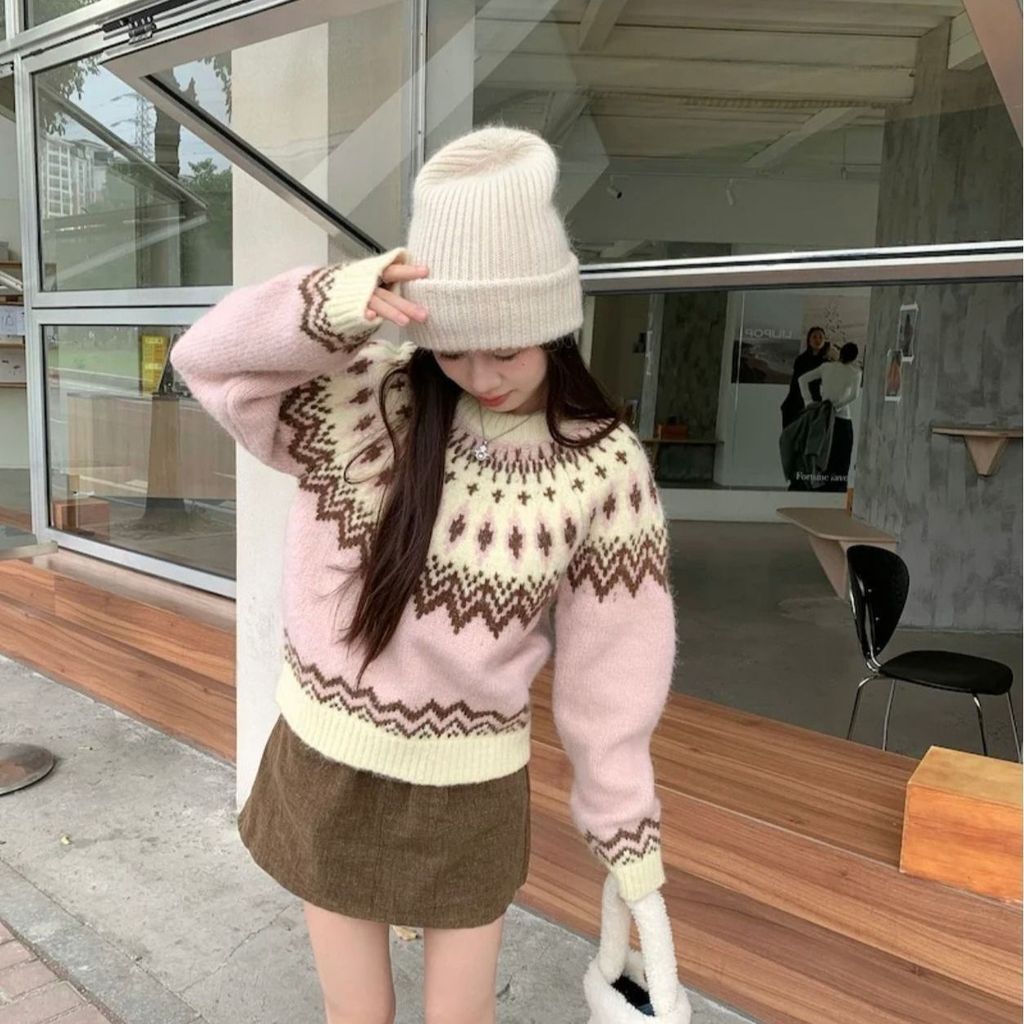 เสื้อสวมหัวถักหนามาก สไตล์คลาย สำหรับฤดูฝนและหนาว สีชมพู ไซส์ใหญ่