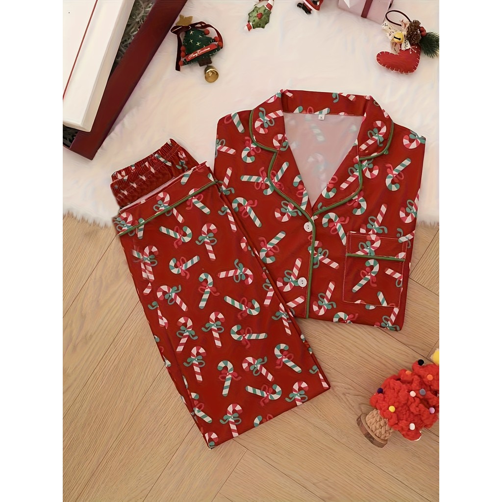 [คริสต์มาส] สุภาพสตรีกางเกงขายาวแขนยาว 2 ชิ้นชุดนอนสีชมพูคริสต์มาสลูกอมอ้อยพิมพ์ชุดชุดนอนผูกปม