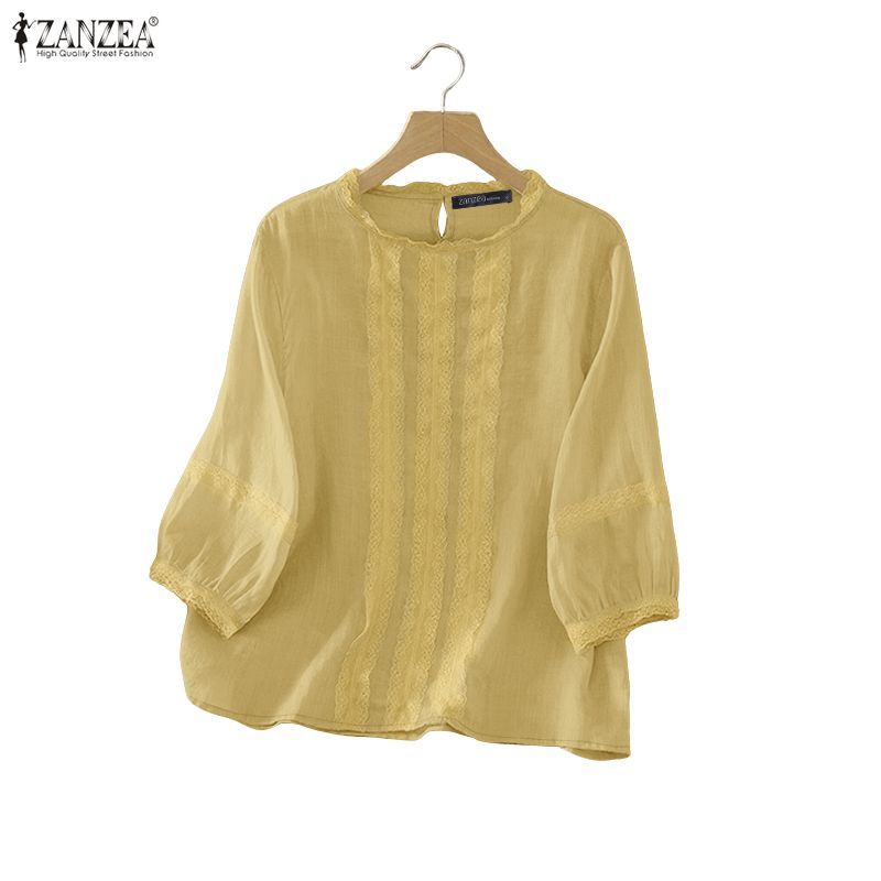 ZANZEA สไตล์เกาหลี ฤดูใบไม้ร่วง เสื้อลาย Komplete แขนยาว 3/4 ดีไซน์สไปซิ่ง พอดีตัว