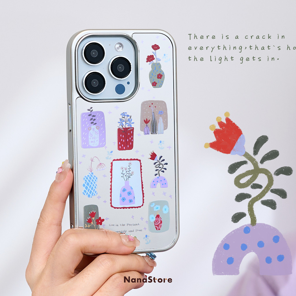 Nameless ดอกไม้ขนาดเล็กศิลปินแจกันแต่งหน้ากระจกเคสโทรศัพท์ Drop-Resistant สําหรับ iPhone 16 Promax 15 Promax 11 12 13 14plus 15plus 16e 16plus 15pro ราคา ถูกที่สุด ดีลบีเคเค