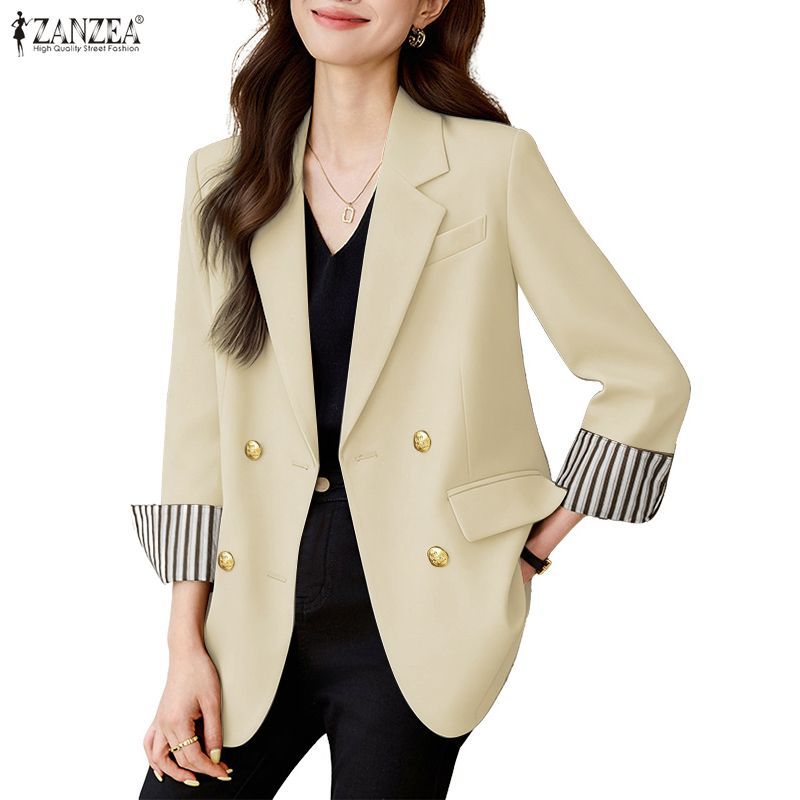 Zanzea Blazer สไตล์การเดินทางสำหรับผู้หญิง ดีไซน์ลาย_patchwork_และแขนสีตัดกัน — صورة 6