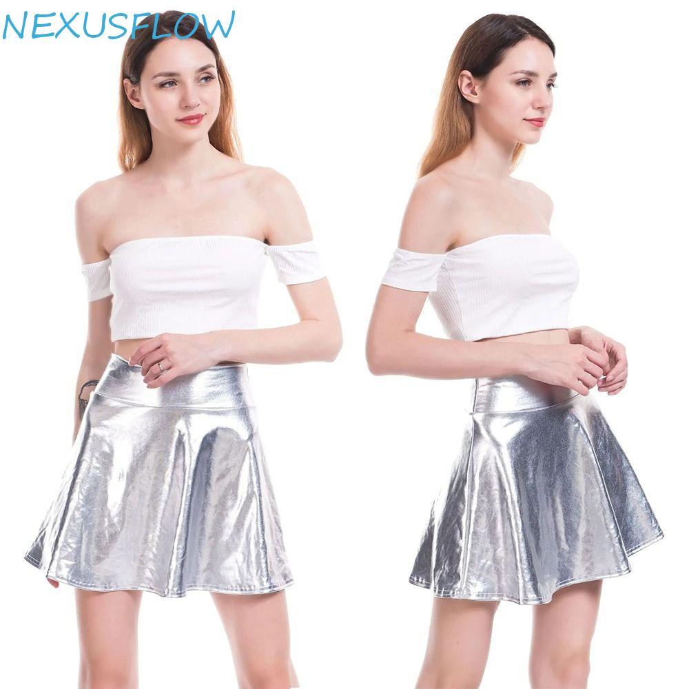 NEXUSFLOW กระโปรงจีบโลหะ สั้นเงา หรูหรา สำหรับ Clubwear มีให้เลือกสีทองและสีเงิน