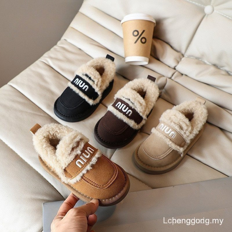 Peas รองเท้าสาว Lamb ขนสัตว์สวมใส่ด้านนอก Furry รองเท้า 2024 ฤดูหนาวสไตล์ใหม่ One-Pedal เด็กขนแกะซับ