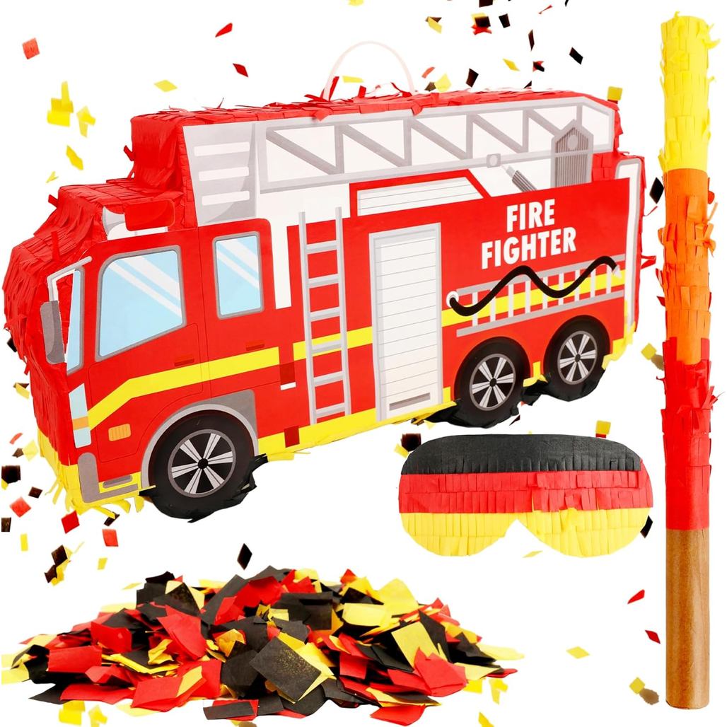 Fire Engine Pinata พร้อมห่วงแขวน Stick Blindfold และ Confetti รถดับเพลิง Pinata สําหรับเด็กเด็กนักผจ
