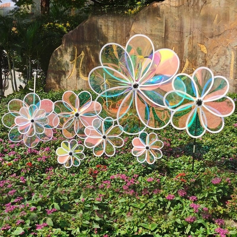กังหันลม โปร่งใสที่มีสีสันฟิล์มกังหันลม แบบใส สะท้อนแสง สำหรับประดับสวน DIY ของเล่นเด็ก