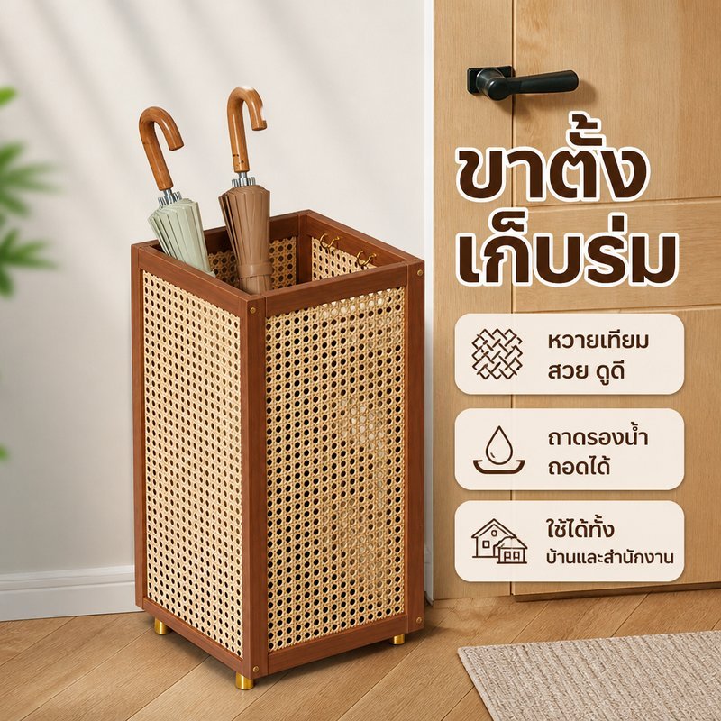 ที่เก็บร่ม หวายเทียม ทรงสี่เหลี่ยม มีถาดรองน้ำ ถอดได้ มีตะขอข้าง รุ่นมีล้อหรือไม่มีล้อ