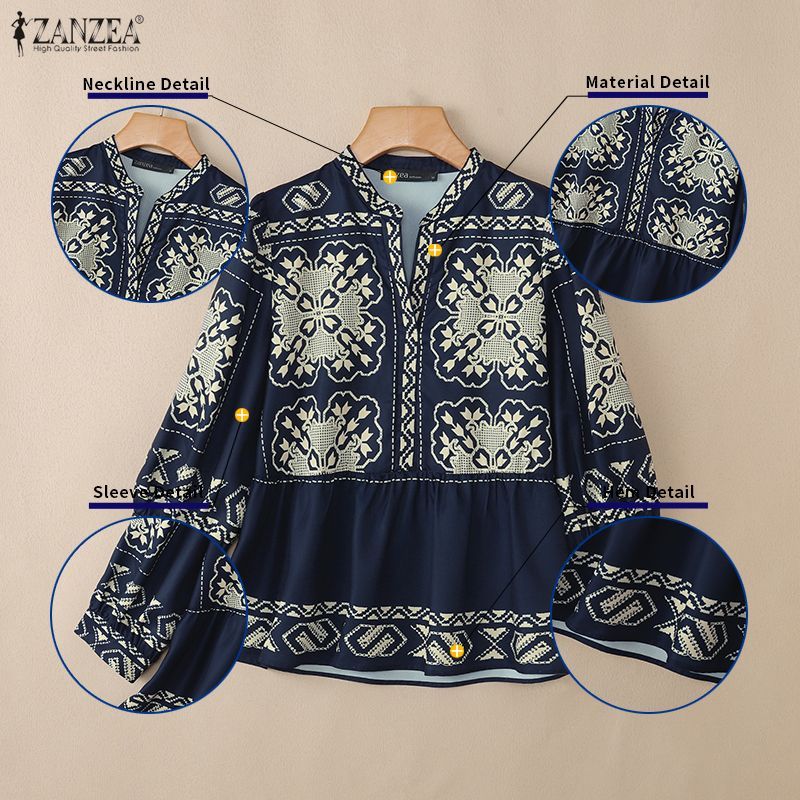 ZANZEA เสื้อผ้าผู้หญิงเกาหลีลําลองดอกไม้โบฮีเมียนวันหยุด 3/4 แขนยืนปกพิมพ์เสื้อ Ruffle Hem — صورة 7