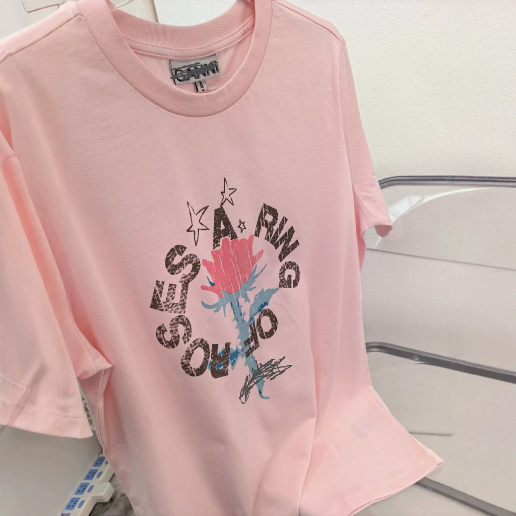 0ISV Gan ** ฤดูใบไม้ผลิฤดูร้อน Rose ปักพิมพ์ผ้าฝ้ายแท้รอบคอสไตล์ Distressed เสื้อยืดแขนสั้นสุภาพสตรี