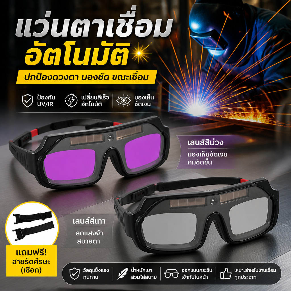 แว่นเชื่อมปรับแสงอัตโนมัติ ป้องกันแสงจ้า ไม่ปวดตาขณะเชื่อมอาร์กอน สวม/คาดหัวได้ ﻿