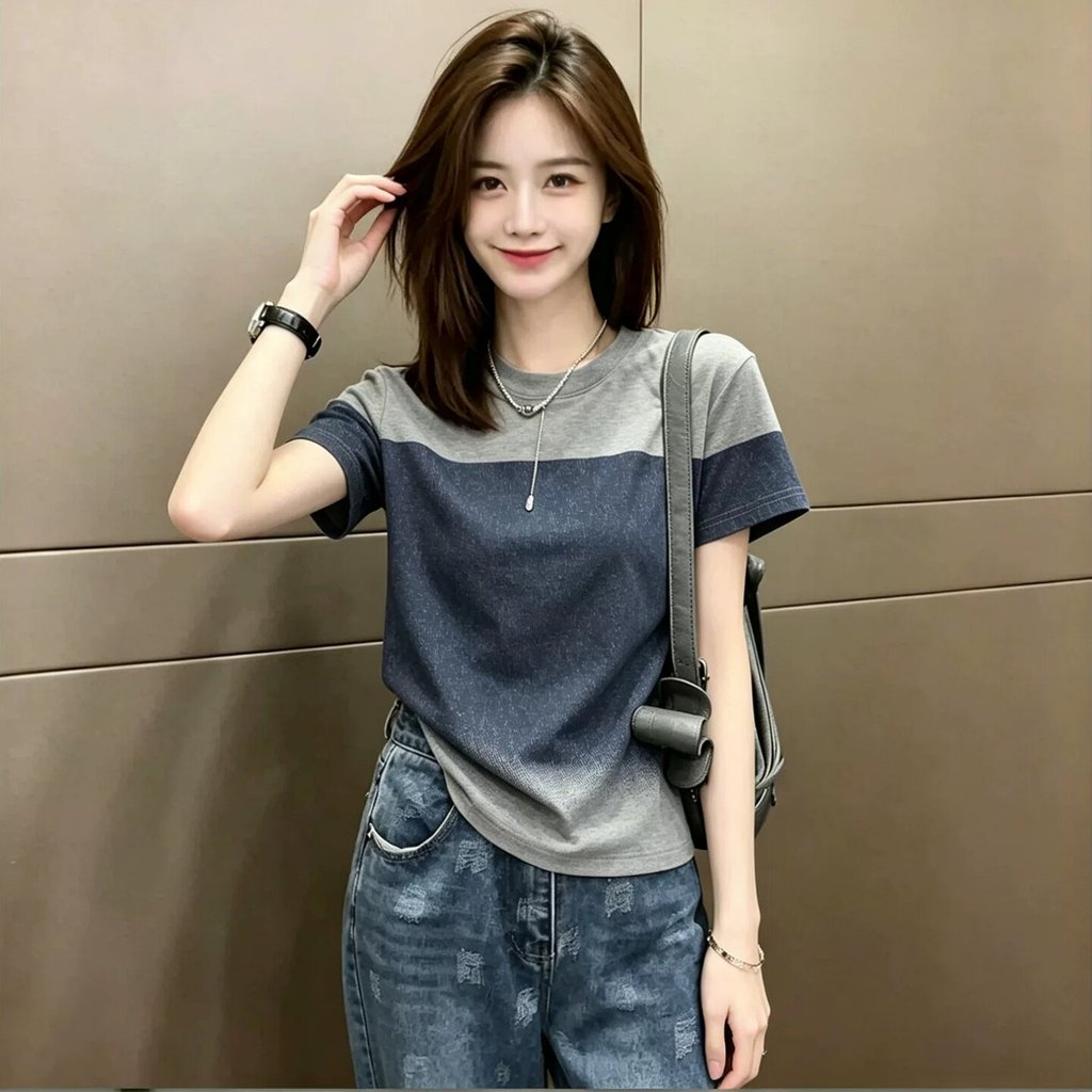 [190g ผ้าฝ้ายนุ่ม 95 ผ้าฝ้าย 5 Spandex] แฟชั่น Contrast สีไล่โทนสีแขนสั้นเสื้อยืดผู้หญิงฤดูร้อนหลวม Slimmer ดูด้านบน