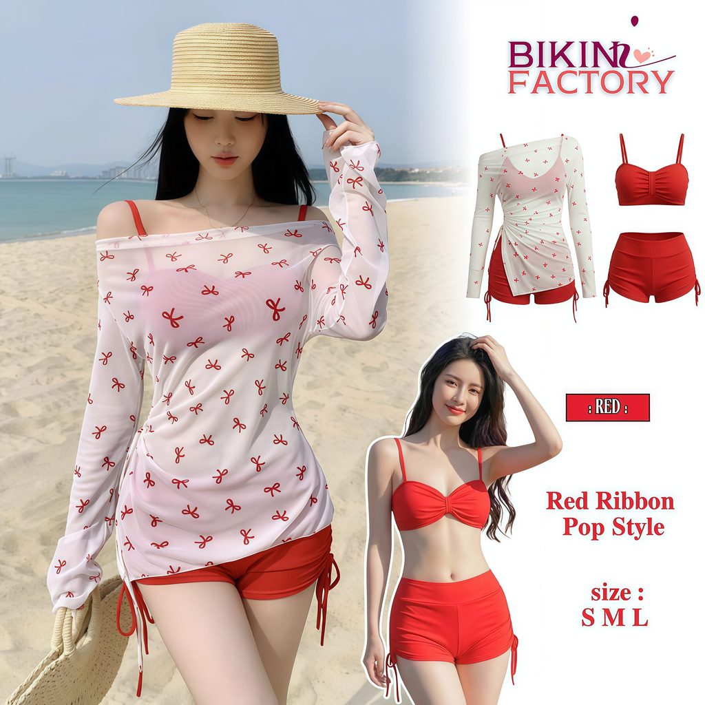 BIKINI FACTORY ชุดดว่ายน้ำผู้หญิง 3 ชิ้น เสื้อคลุม ซีทรู พร้อมสายเดี่ยว กางเกงขาสั้น มีไซส์ S-L |น้ำหนัก 38-58 กก. Y669