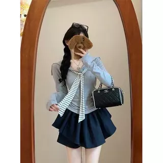 ส่งจากไทยทุกวัน เสื้อเชิ้ตแขนยาว ผูกโบว์ลายทาง ทรงเข้ารูปช่วงเอว ผ้าเนื้อนุ่ม เสื้อคอปก🎀YOUMI