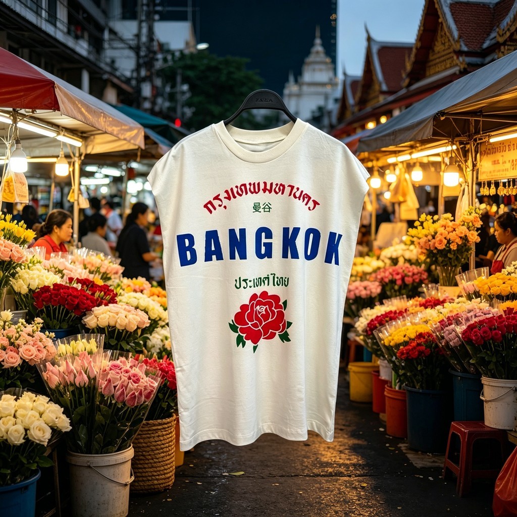 BANGKOK Rose Print เสื้อกล้ามแขนกุดสีขาว สไตล์แฟชั่นยอดนิยม ดีไซน์เก๋ ผ้าฝ้าย100% ใส่ได้ทั้งชายหญิง ขนาด S-3XL