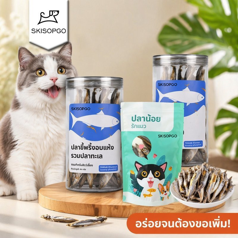SKISOPGO ขนมแมว ปลาไข่ฟรีซดราย อาหารแมวธรรมชาติ โปรตีนสูง เกรดเอ สำหรับแมวอายุสองเดือน