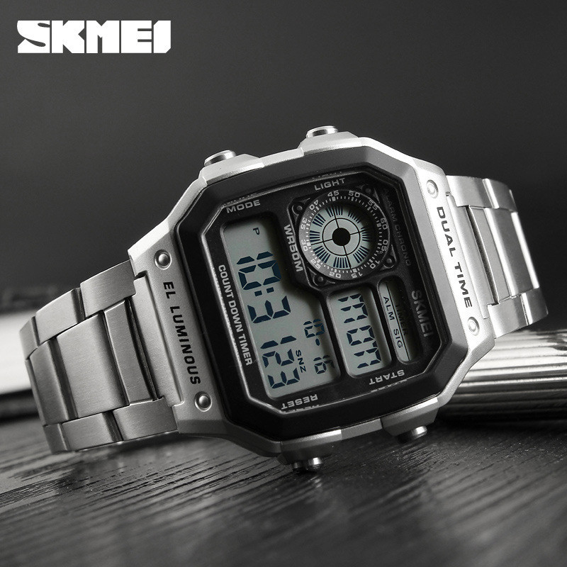 SKMEI สมี นาฬิกาดิจิตอลผู้ชายกันน้ําปลุกปฏิทินเรืองแสงสแควร์ย้อนยุคสแตนเลส