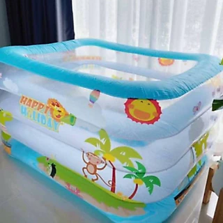 สระใสทรงสี่เหลี่ยม(ลิงน้อย)สูงใหญ่120x90x70ซมสีฟ้าใส มองเห็นลูกน้อย พื้นเป่าลมนุ่ม พร้อมสูบและห่วงคอ