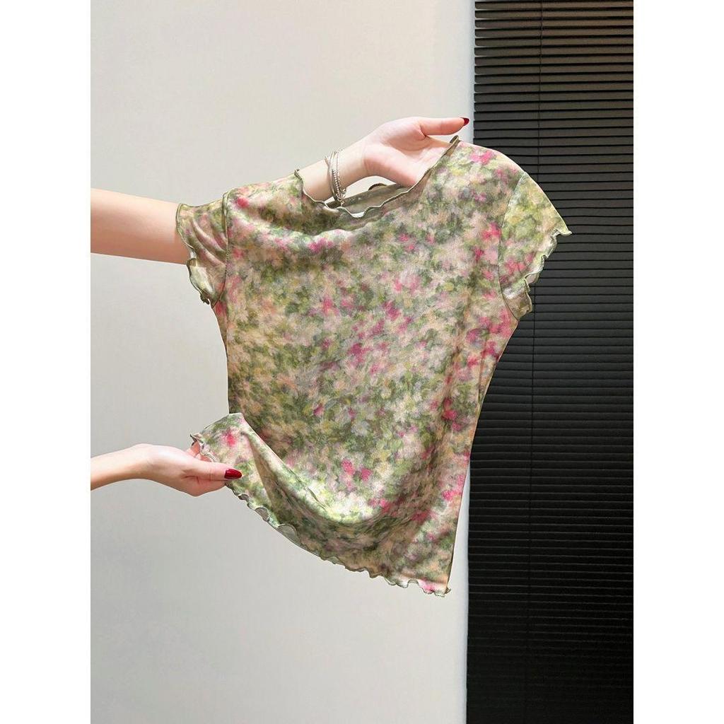 [สินค้าใหม่] เสื้อยืดแขนสั้นตาข่ายขอบเชื้อราดอกไม้ย้อนยุคสไตล์ฤดูร้อนน้ําหนักเบาสองชั้นแขนบินขนาดเล็กSlim-Fit Slimmerดูด้านบน