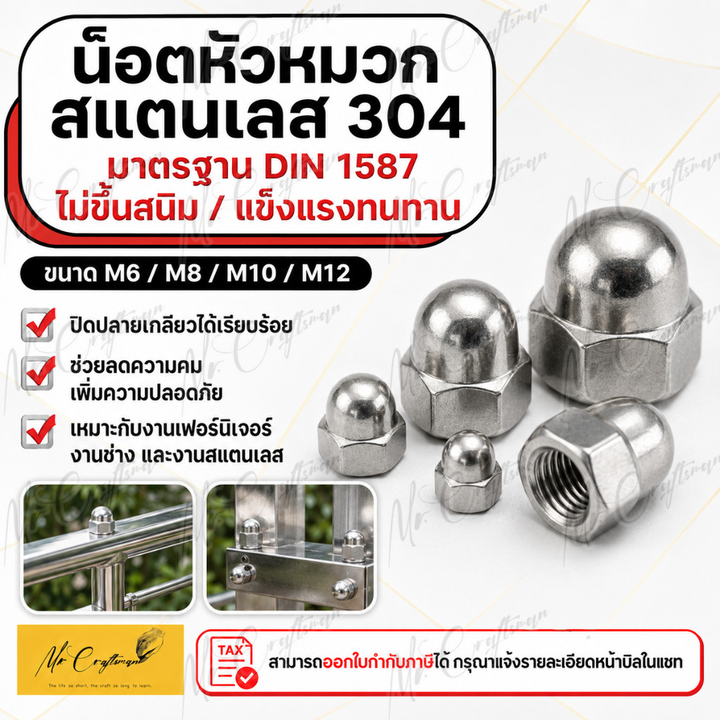น็อตหัวหมวก สแตนเลส 304 มาตรฐาน DIN 1587 ขนาด M6 M8 M10 M12 น็อตโดมปิดปลายเกลียว ทนสนิม