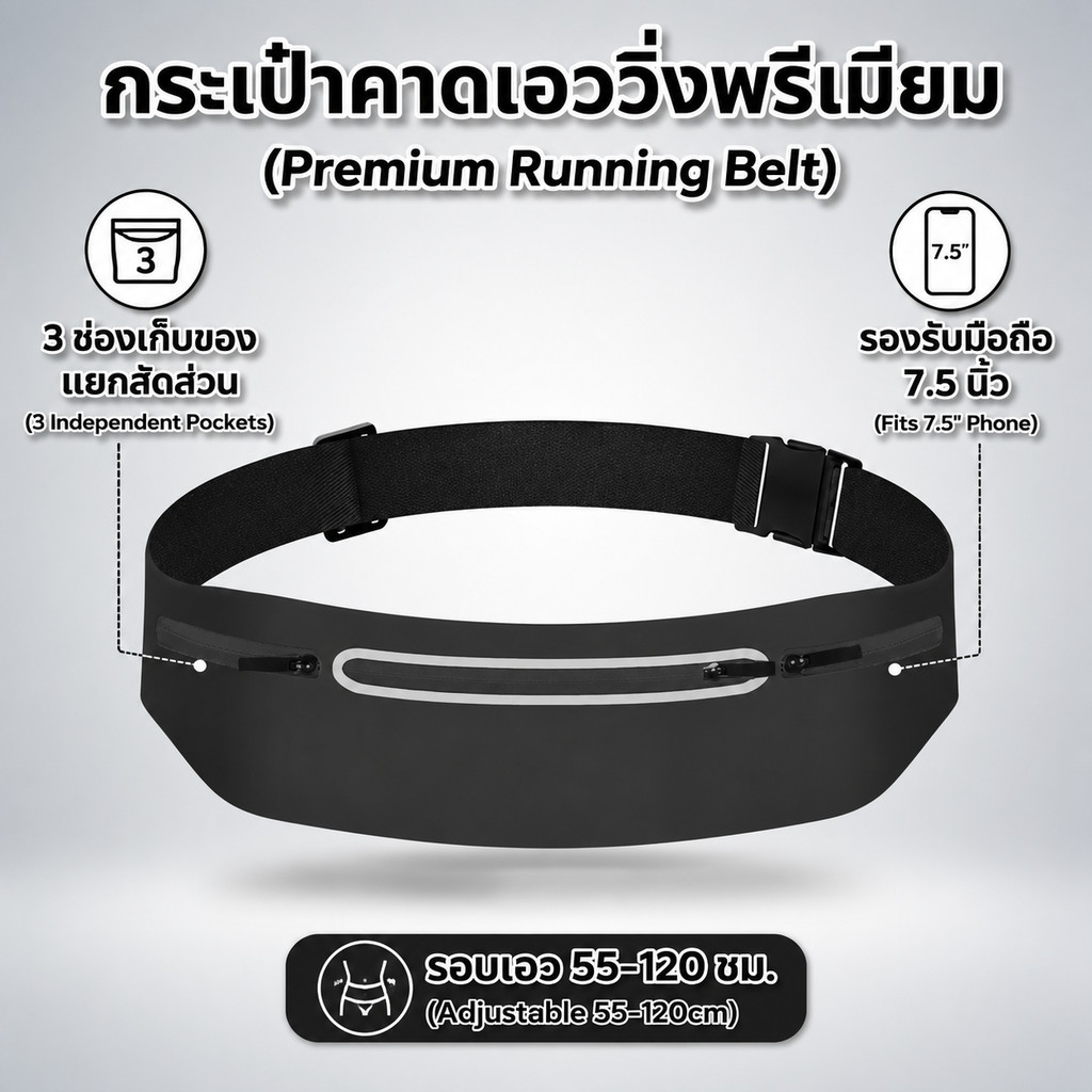 กระเป๋าคาดเอวออกกำลังกายสีดำทรงเพรียวบาง