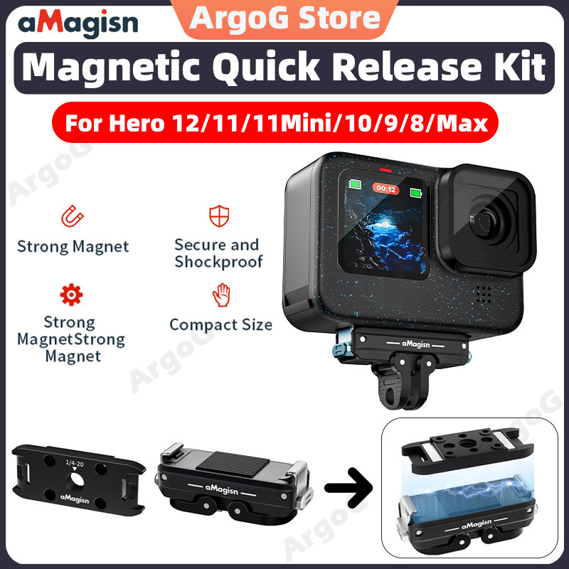 aMagisn ชุดติดตั้งแม่เหล็กถอดเร็ว สำหรับ GoPro HERO 12/11/10/9/8/Mini/MAX อะแดปเตอร์อลูมิเนียมอัลลอย พร้อมเมาท์ถอดเร็ว