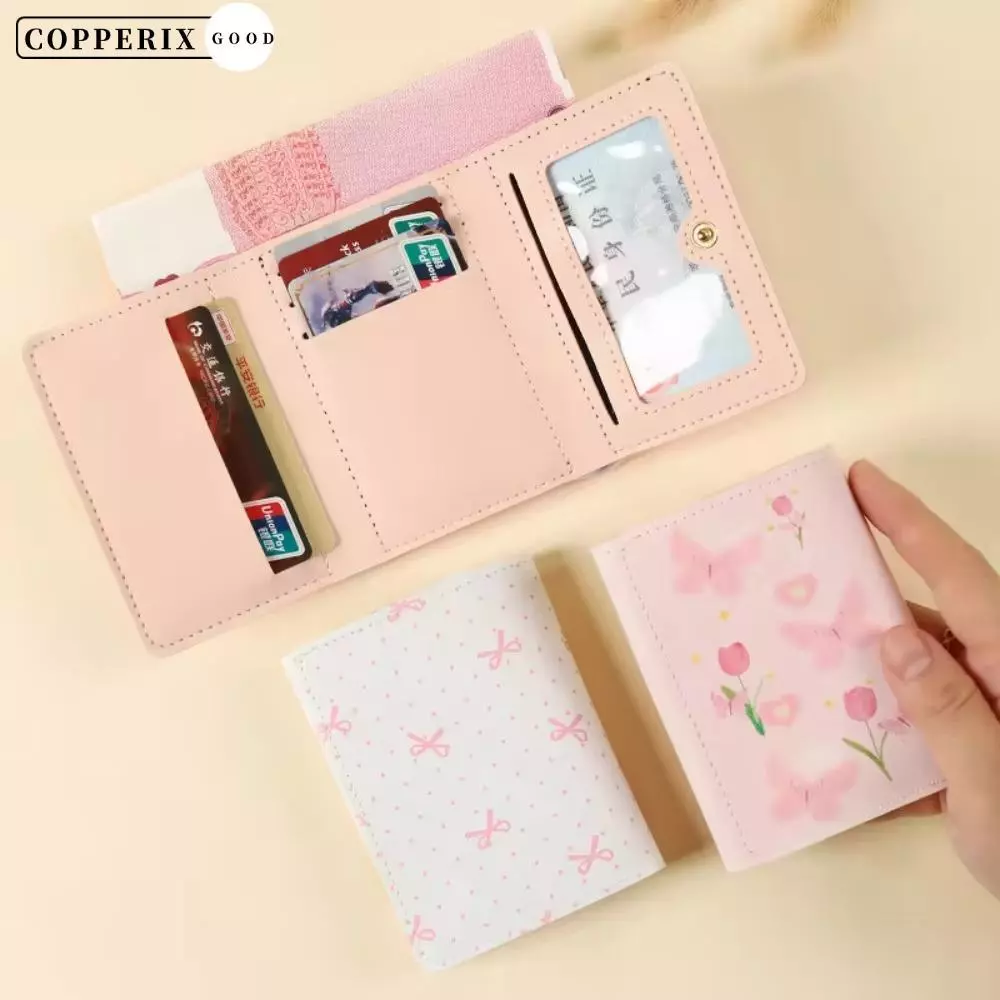 COPPERIX กระเป๋าสตางค์ผู้หญิง, กระเป๋าใส่เหรียญสีชมพูหลายใบ, หนัง PU แบบพกพาดอกไม้โบว์ Photocard กระเป๋ากลางแจ้ง