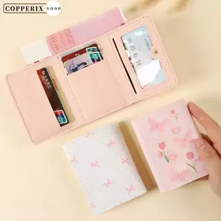 COPPERIX กระเป๋าสตางค์ผู้หญิง, กระเป๋าใส่เหรียญสีชมพูหลายใบ, หนัง PU แบบพกพาดอกไม้โบว์ Photocard กระเป๋ากลางแจ้ง