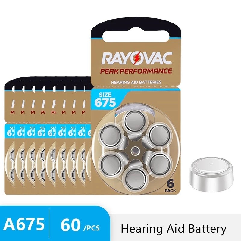 60 ชิ้นเครื่องช่วยฟังแบตเตอรี่ 675 A675 675A ZA675 675a PR44 Rayovac Peak UK Zinc Air ปุ่มหู Aid แบต