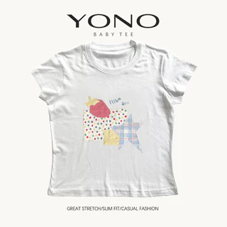 (พร้อมส่ง24ชม.) YONO baby tee สีชมพู ลายดาวตารางและกราฟิกพาสเทล ทรงเข้ารูป สไตล์เกาหลี y2k