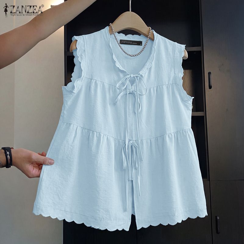 ZANZEA ผู้หญิงเกาหลีหวานอ่อนโยนเก๋ลูกเรือคอ Double Tie-Up แขนกุดขอบลูกไม้ A-Line Tanks — صورة 4