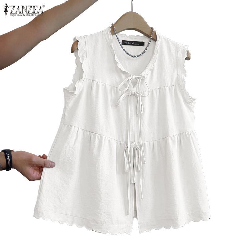 ZANZEA ผู้หญิงเกาหลีหวานอ่อนโยนเก๋ลูกเรือคอ Double Tie-Up แขนกุดขอบลูกไม้ A-Line Tanks — صورة 6