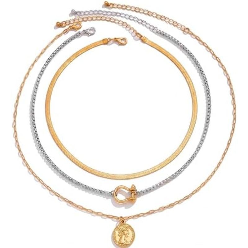 QCWN Gold Layered ซ้อนสร้อยคอผู้หญิง 3PS Chunky Statement สร้อยคอ Stack ผสมโลหะ Charm สร้อยคอผู้หญิง
