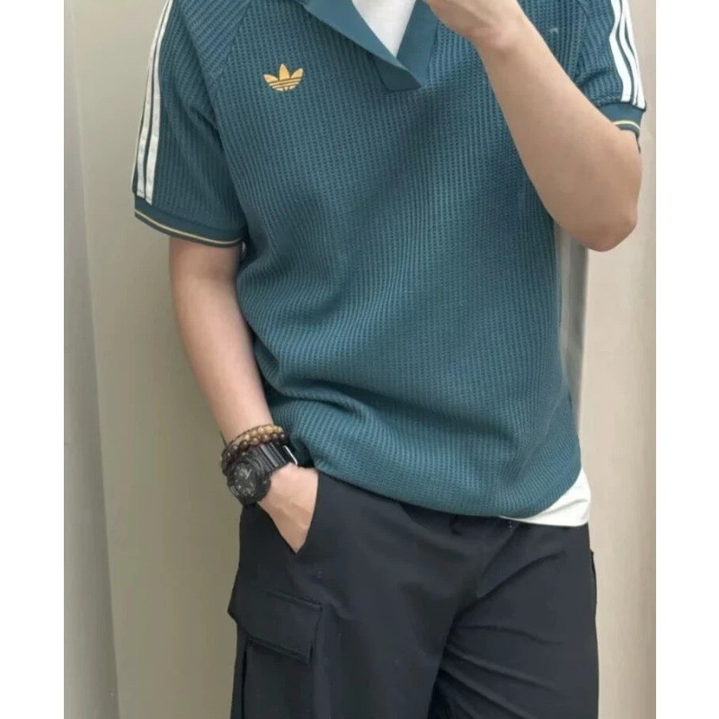 ☘Adidas Trefoil Waffle Knit Polo เสื้อยืดแขนสั้น 3 Stripes Unisex