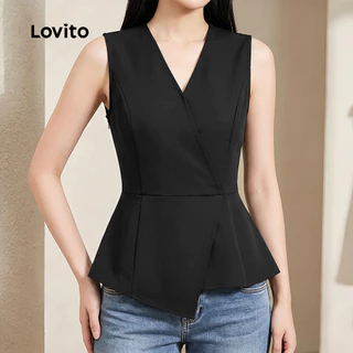(New Arrival) Lovito เสื้อท็อปผู้หญิงสีดําทรงไม่สมมาตร สไตล์ฤดูใบไม้ผลิ/ฤดูร้อน TKK8P1D616
