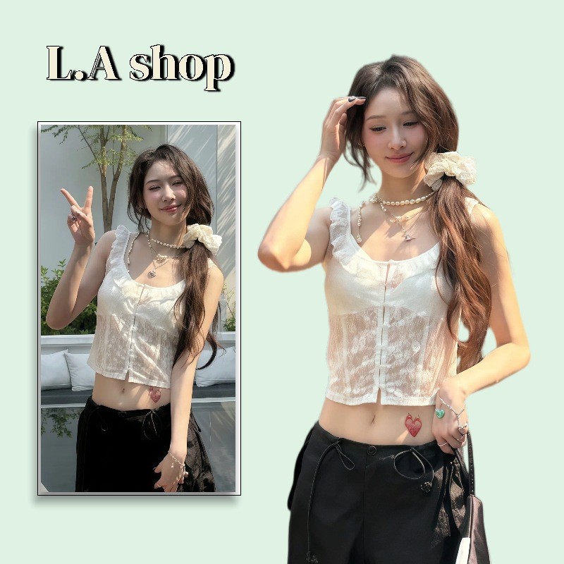 L.A Shop★พร้อมส่ง เสื้อกล้าม สายเดี่ยว ระบายปกไหล่  ผ้าลูกไม้ สีขาว สไตล์เกาหลี -FY5128