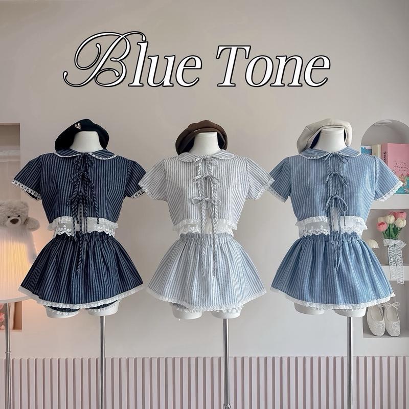 Blue tone skirt เสื้อครอปลูกไม้ กระโปรงกางเกง น่ารักมาก (t76+t66)