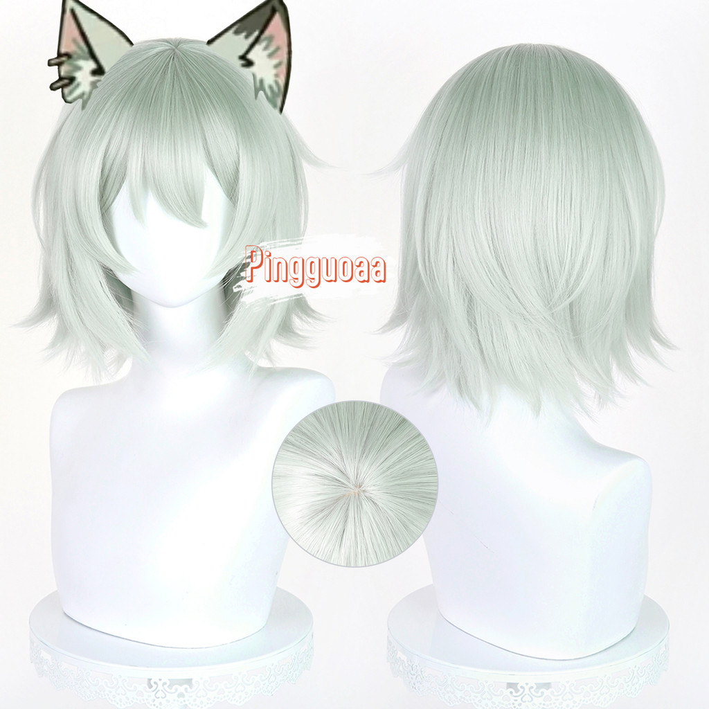 Manmei Chainsmoker Cat Yani Nekoคอสเพลย์วิกผม 38 ซม.สั้นสีฟ้าสีเทาผมอะนิเมะวิกผมสังเคราะห์ทนความร้อน