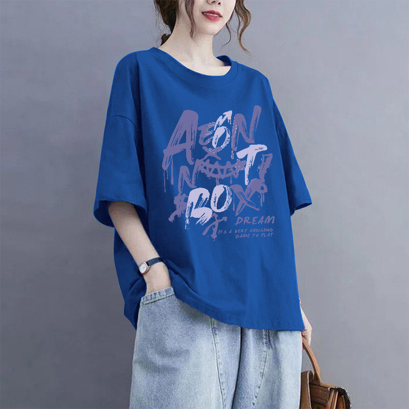 40-100KGPlus ขนาดผู้หญิงผ้าฝ้ายแขนสั้นเสื้อยืดหลวมพิมพ์ Casual Slimming เสื้อยืด