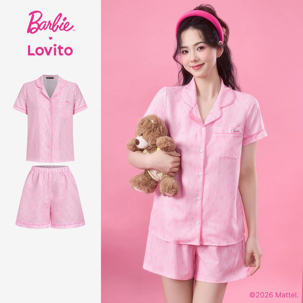 (KOL's pick) Barbie™ X Lovito แคชชวล ชุดนอนลำลองลายดอกไม้หวานๆ สำหรับฤดูใบไม้ผลิ/ฤดูร้อน สีชมพู (เสื้อหรือกางเกง) สำหรับผู้หญิง เกาหลี อินเทรนด์ LB1AD028