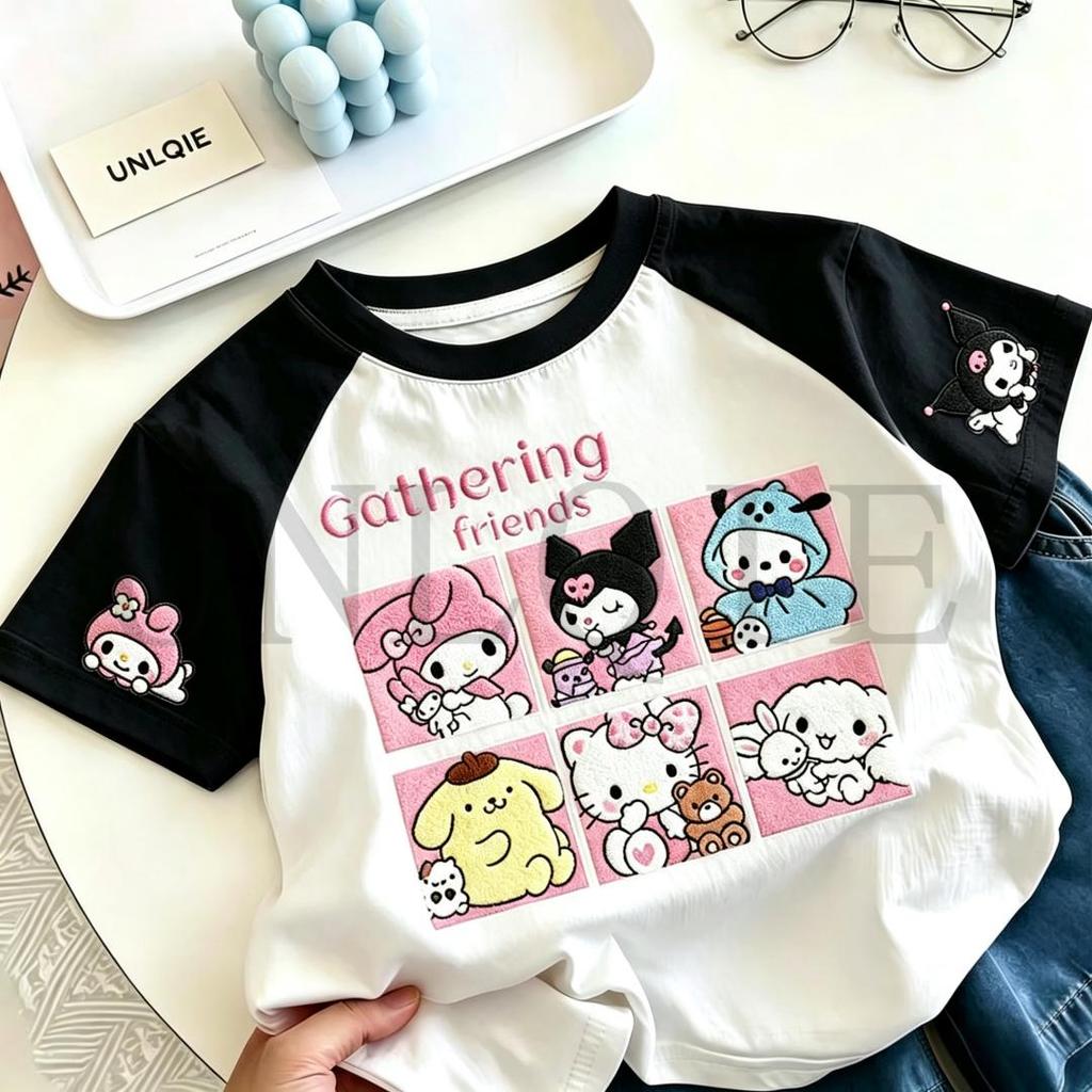 เสื้อยืดเด็กผ้าฝ้ายแท้แขนสั้น เสื้อทรงสองสีแขนแยก สีขาวตัว+สีดำแขน ลายซานริโอ Sanrio รวมคุโรมิ Kuromi มายเมโลดี้ My Melo