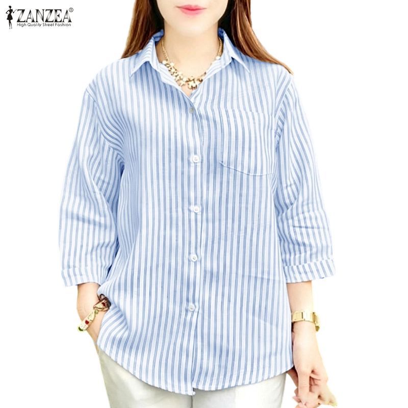 Zanzea ผู้หญิงปกทํางานเกาหลีปุ่มลงลายหลวม3/4แขนเสื้อทอ