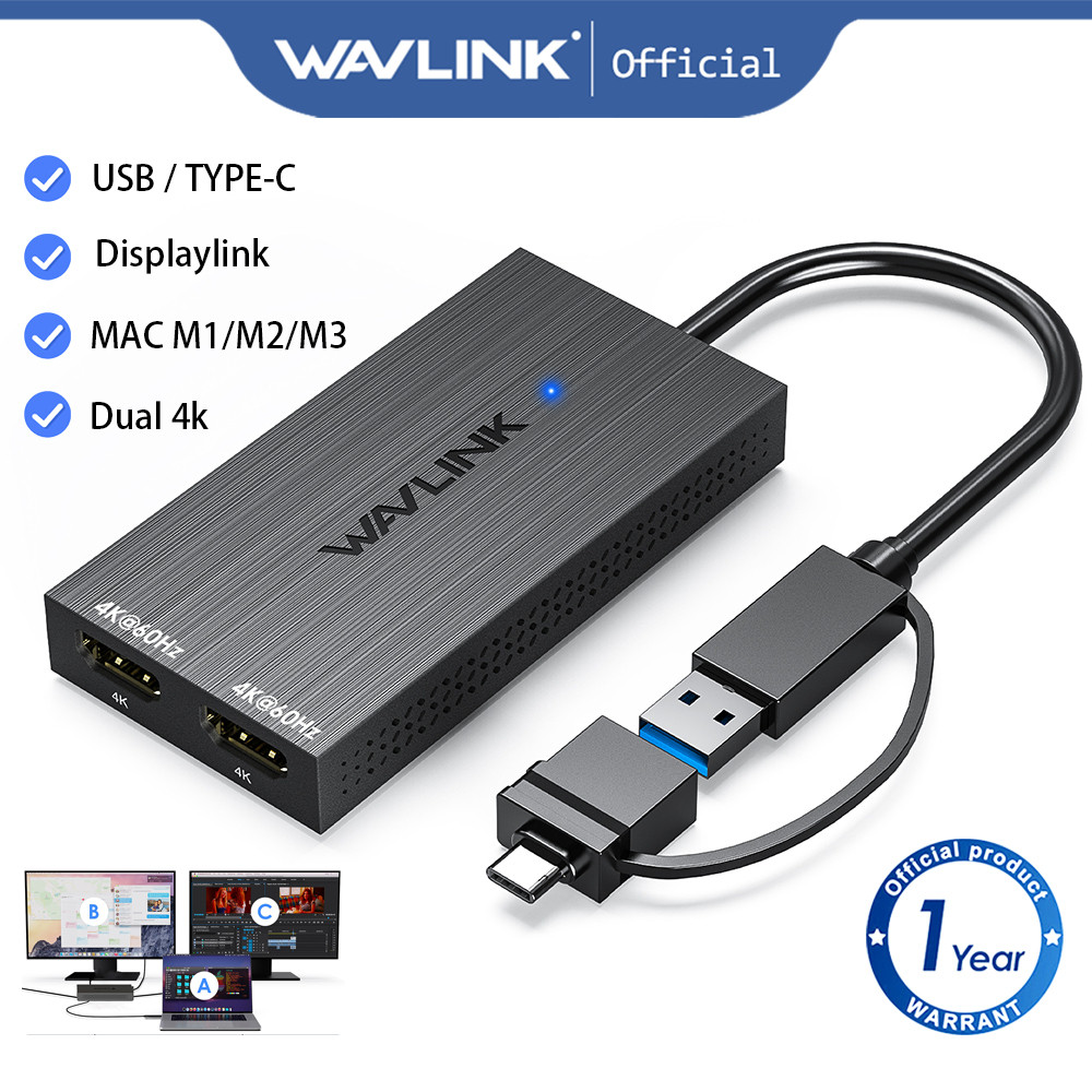 อะแดปเตอร์ Wavlink USB to Dual HDMI พร้อมชิป Displaylink, รองรับการแสดงผลคู่ 4K 60Hz, รองรับการใช้งา