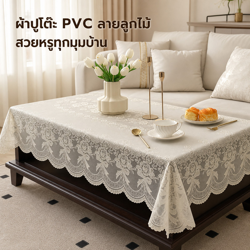 ผ้าปูโต๊ะ PVC ลายลูกไม้ดอกไม้ สีครีม สไตล์วินเทจ สำหรับตกแต่งโต๊ะอาหาร โต๊ะกลาง และห้องนั่งเล่น