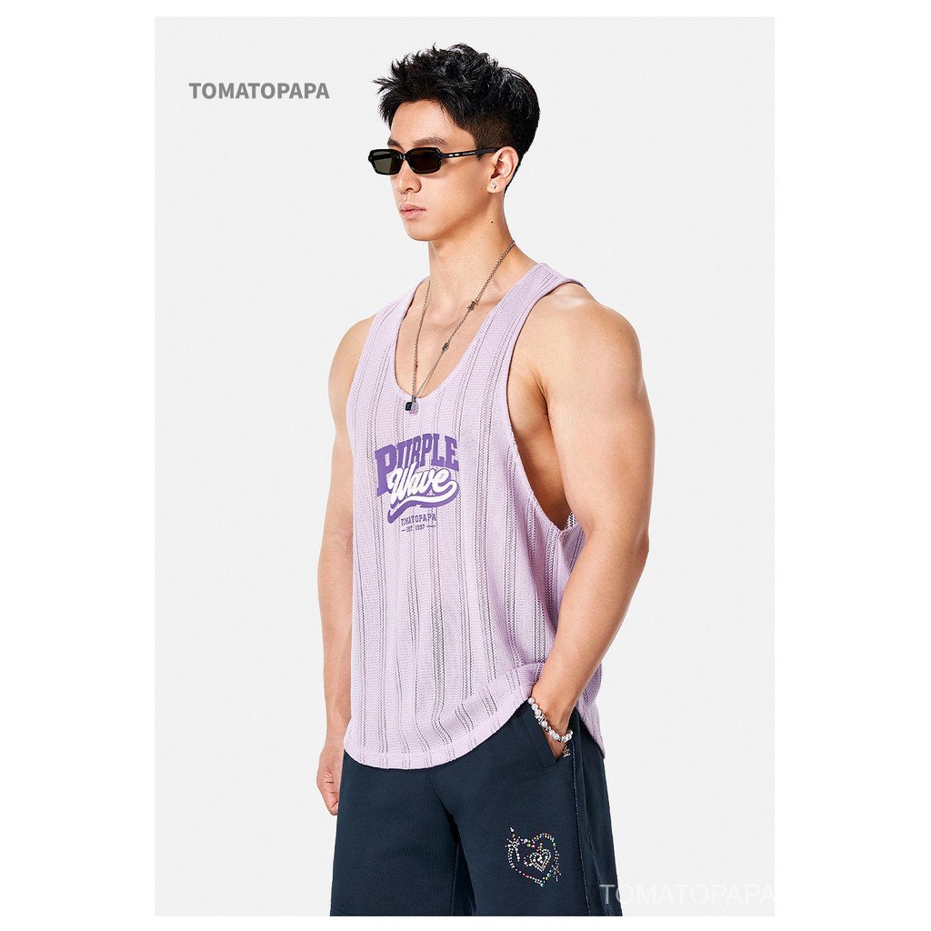 TOMATOPAPA Men American Letter 3D พิมพ์เสื้อกั๊ก-หลวม Breathable กีฬาฟิตเนสเหงื่อเสื้อกั๊ก