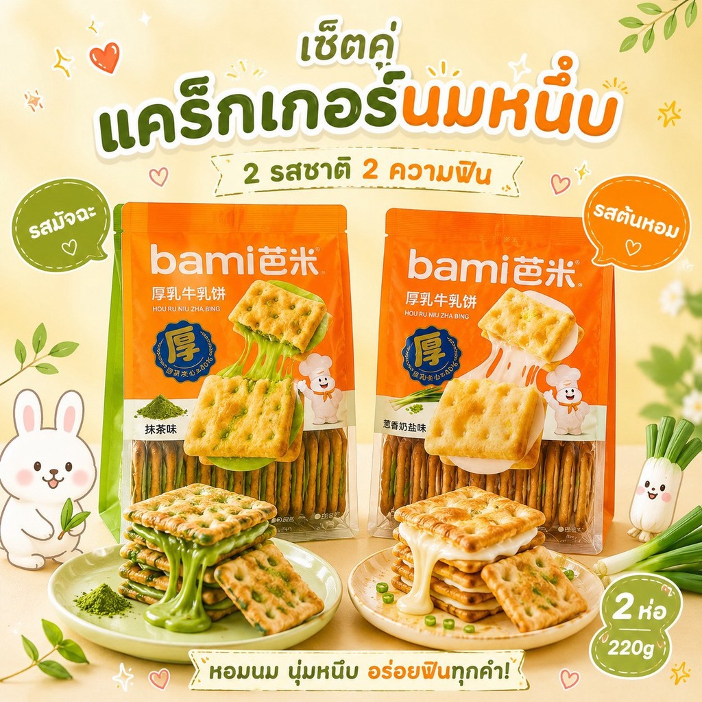แคร็กเกอร์นมหนึบ 220g. เซ็ท 2ห่อ 2รสชาติ (ต้นหอม,มัทฉะ)