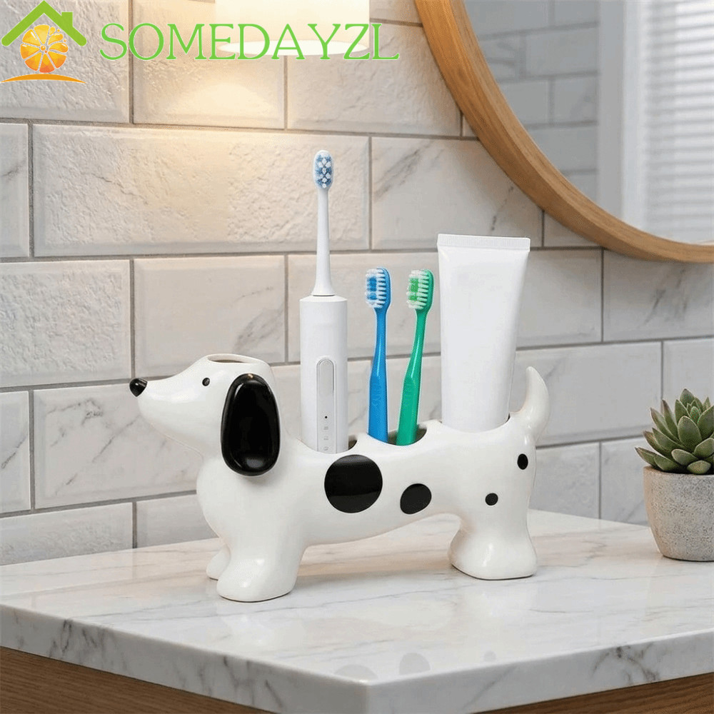 SOMEDAYZL Dachshund ผู้ถือแปรงสีฟัน,เซรามิคประหยัดพื้นที่สุนัขรูปผู้ถือแปรงสีฟัน, Creative 4 ช่องตกแต่งน่ารักแปรงสีฟันไฟฟ้าสําหรับห้องน้ํา