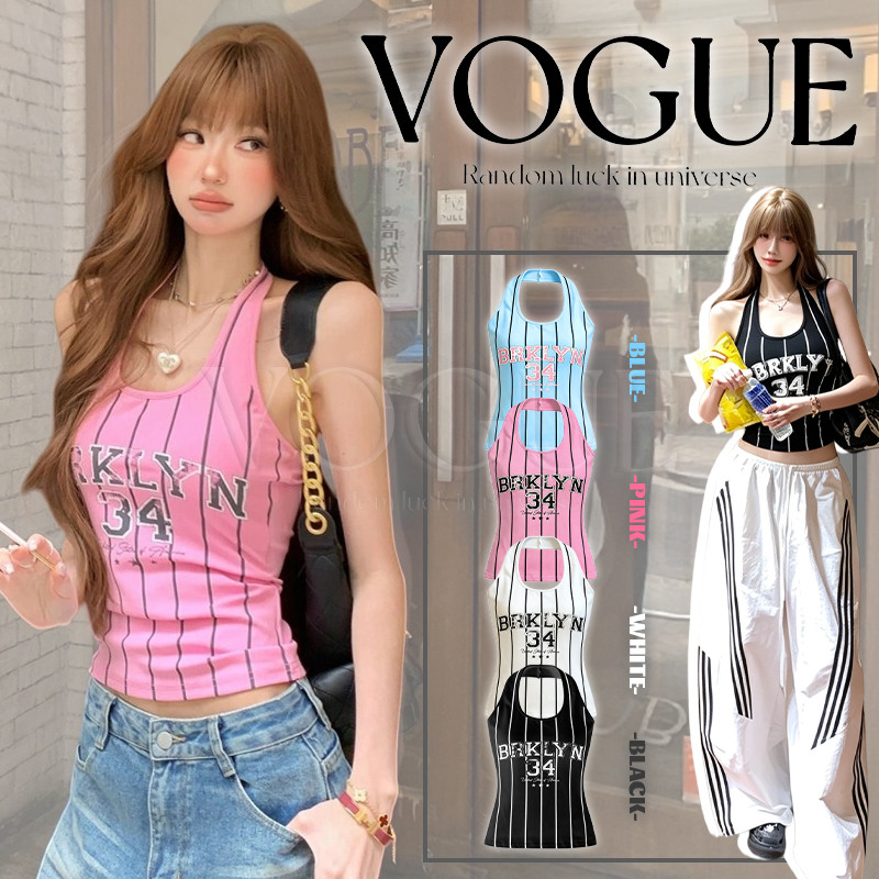 Vogue🌟พร้อมส่ง🌟 เสื้อยืดคล้องคอลายทางยืดตามตัว สกรีนตัวอักษร+เลข เสริมฟองน้ำสไตล์สตรีทเท่ๆ (FY6322)