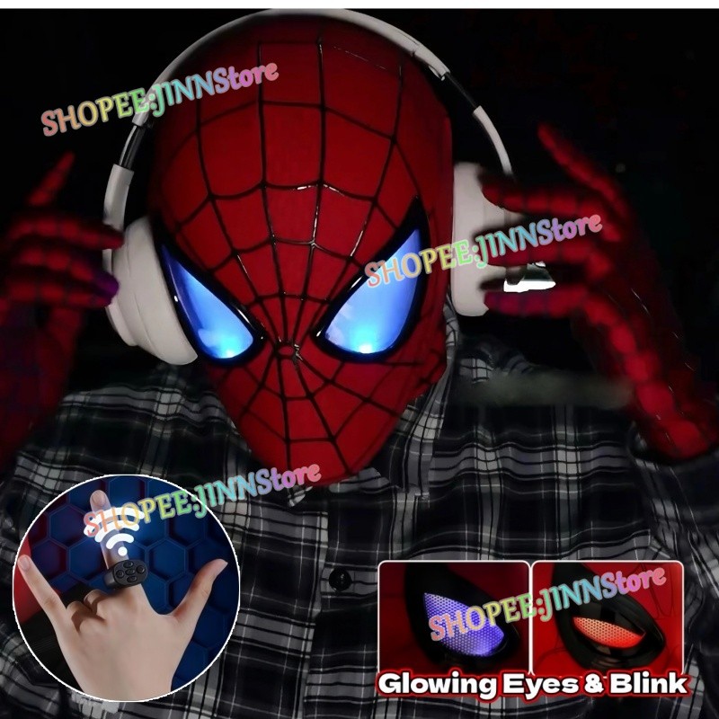 -JIN-Ultimate Spiderman Mask พร้อม Blinking Glow Eyes อัตโนมัติเหมาะสําหรับคอสเพลย์ Theme ปาร์ตี้เด็ก Spiderman ของเล่น