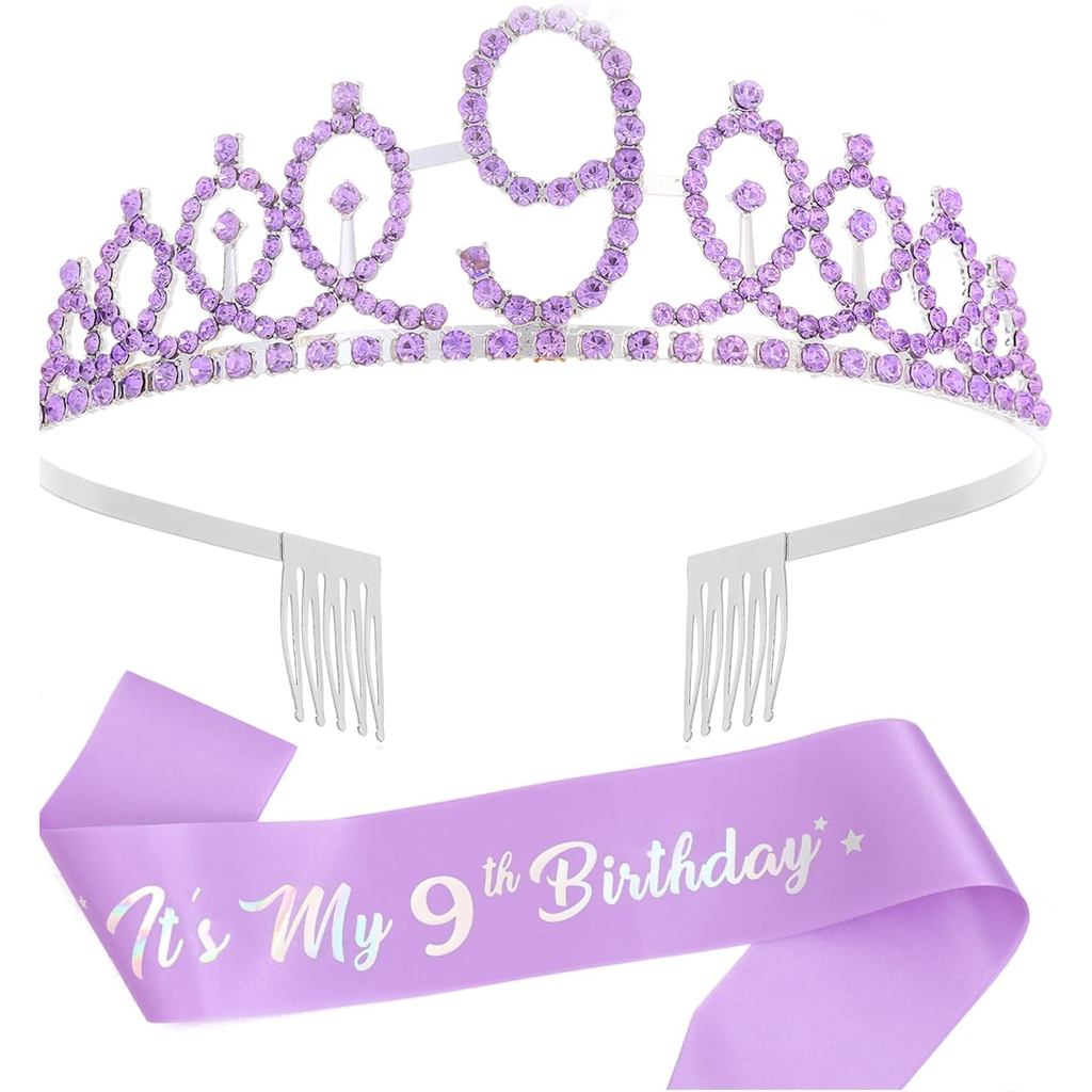 9th Birthday Crown & Birthday Sash Set,9th Birthday Gifts for Girl 9th Decorative Girl
